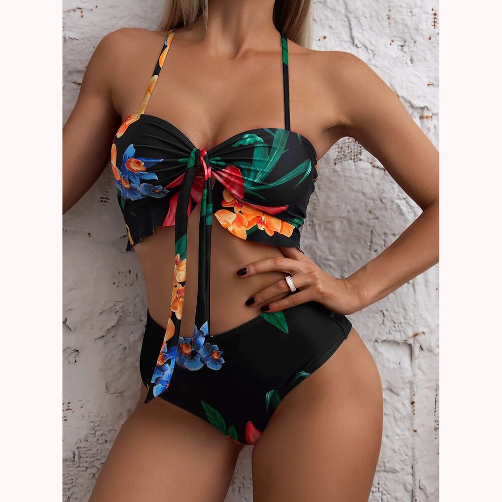 New 3 Pieces Bikini Sets Swimsuit With Skirt Women Sexy Floral Print Tied Beachwear Swimwear