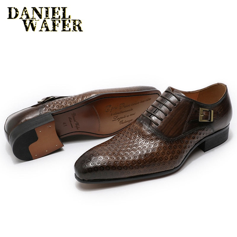 Daniel Wafer Man Shoes Luxury Genuine Leather Geometric Prints Office Wedding Man Formal Black Lace Up Pointed Toe Oxford Shoes