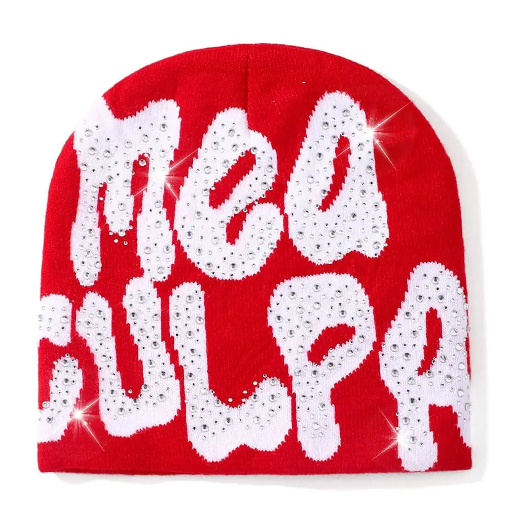 NEW Y2K MEA Culpa Beanies Hat with Rhinestone for Women Men Beanies Hats Hip-hop Soft Stretch Warm Knitted Slouchy Cap