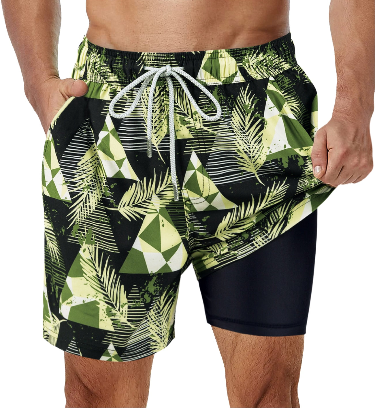 SURFCUZ Mens Swimming Trunks with Compression Liner Stretch Mens Swimwear 2 in 1 Quick Dry Running Gym Swim Shorts for Men