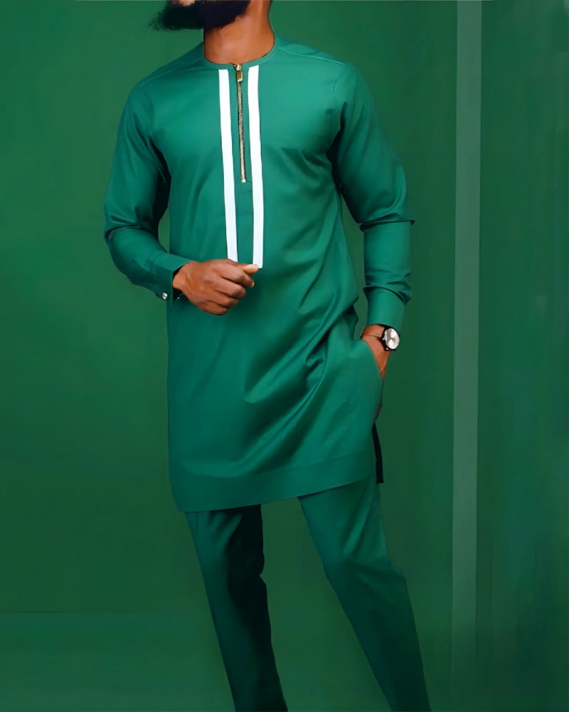 African Men's Clothing Set - Personality Zipper Top and Pants Suit in Comfortable Casual Slim-Fit Design, Perfect for Play, Banquets, Sports, and Celebrations. Experience the Vibrant Green Suit with African Ethnic Style.