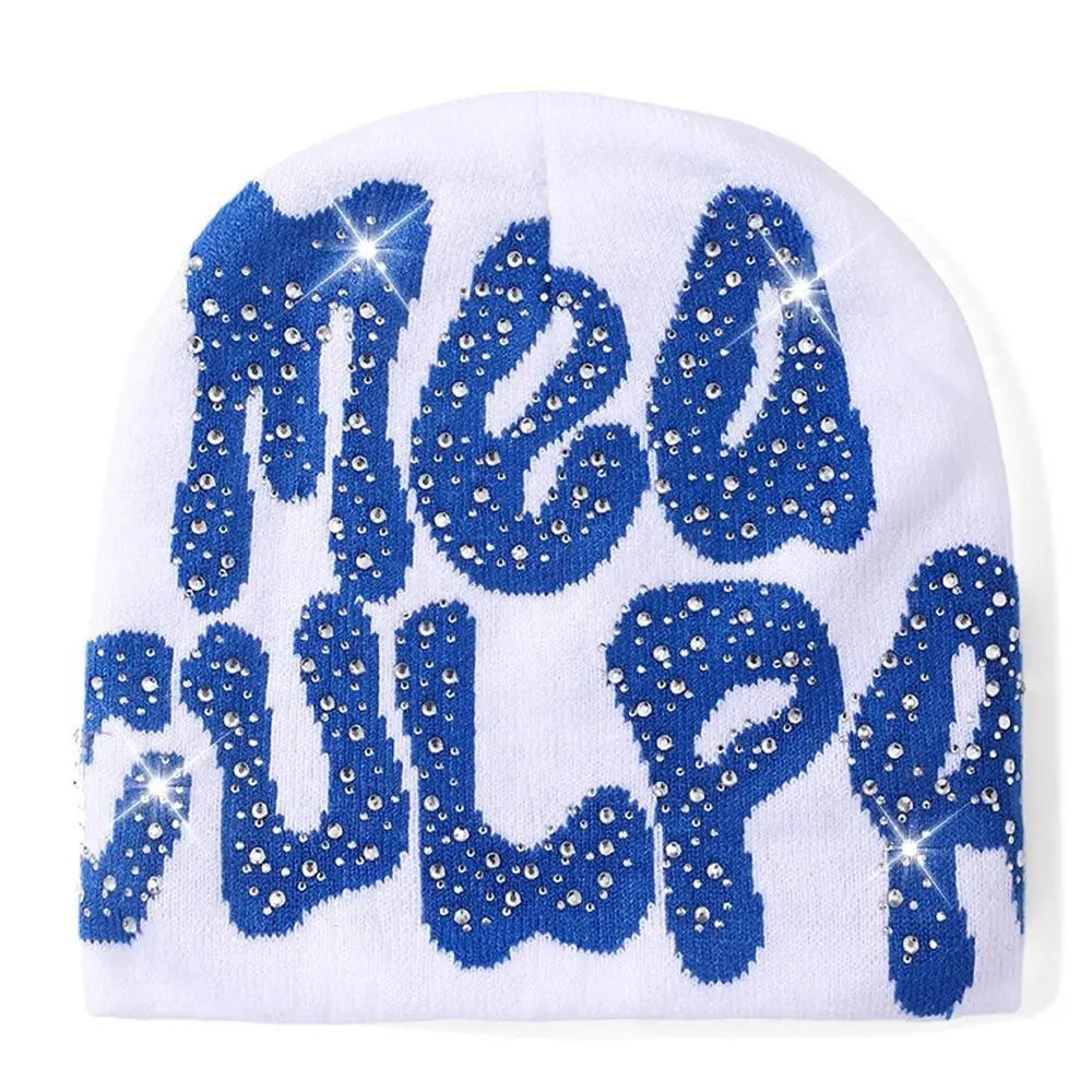 NEW Y2K MEA Culpa Beanies Hat with Rhinestone for Women Men Beanies Hats Hip-hop Soft Stretch Warm Knitted Slouchy Cap