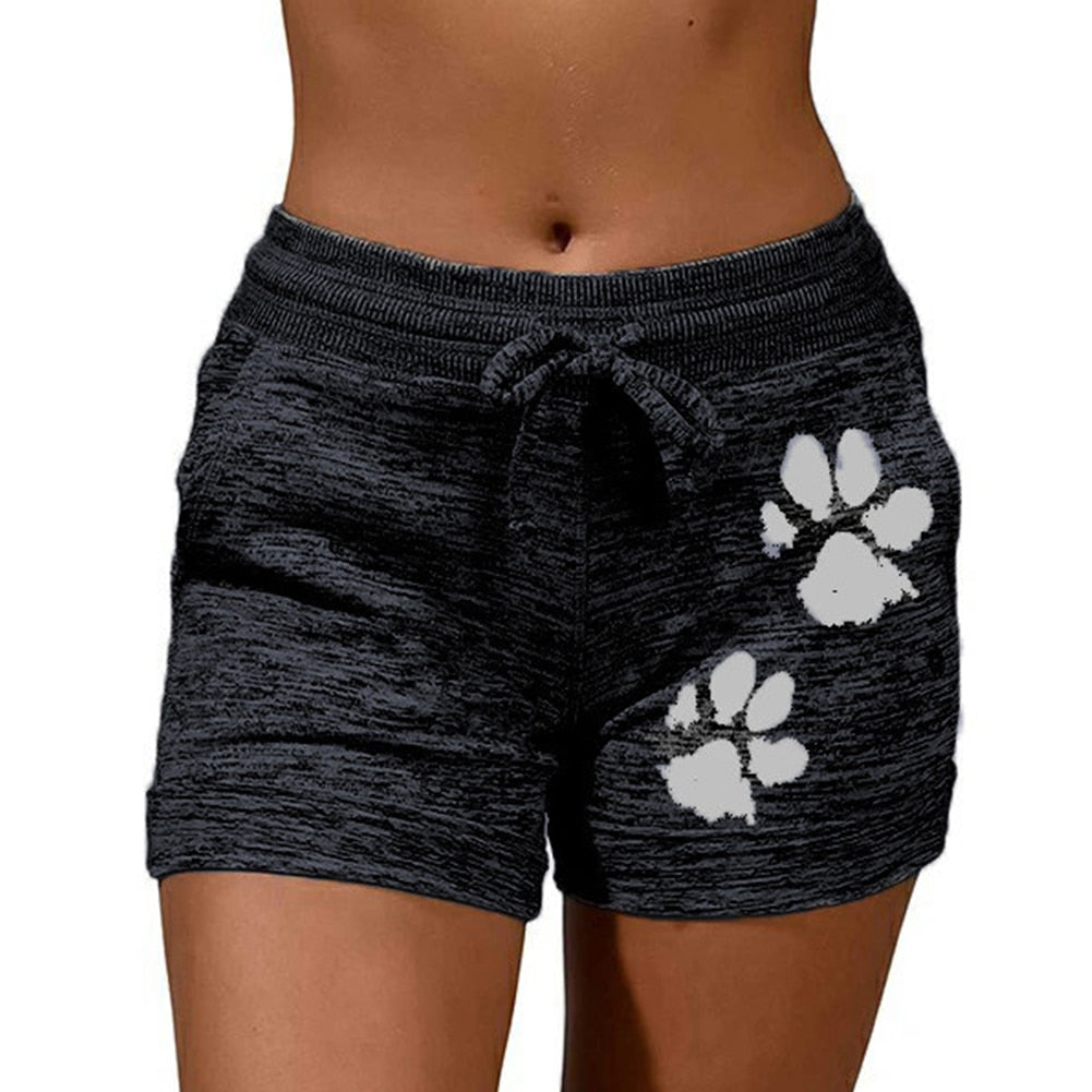 Casual Shorts Women High Waist Cats Claw Print Drawstring Quick Dry Elastic Sports Shorts Gym