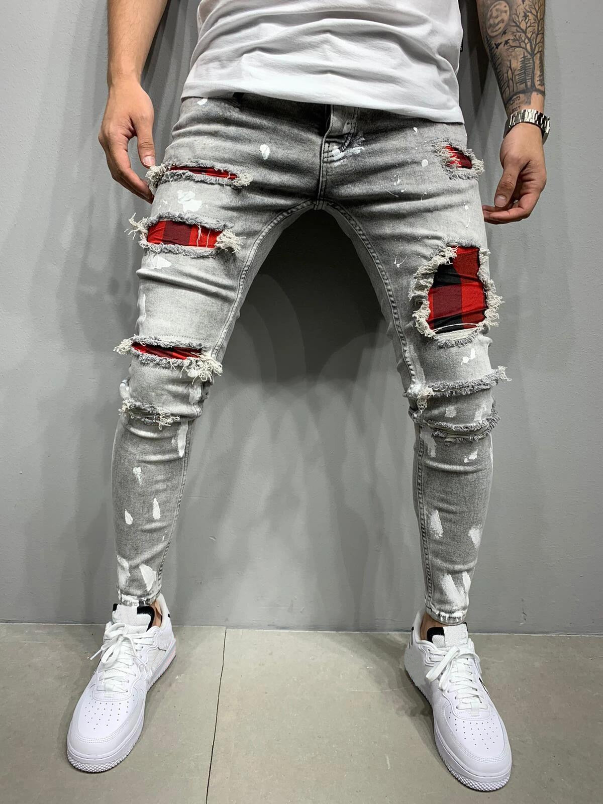 Fashion Street Style Ripped Skinny Jeans Men Vintage wash Solid Denim Trouser Mens Casual Slim fit pencil denim Pants hot sale