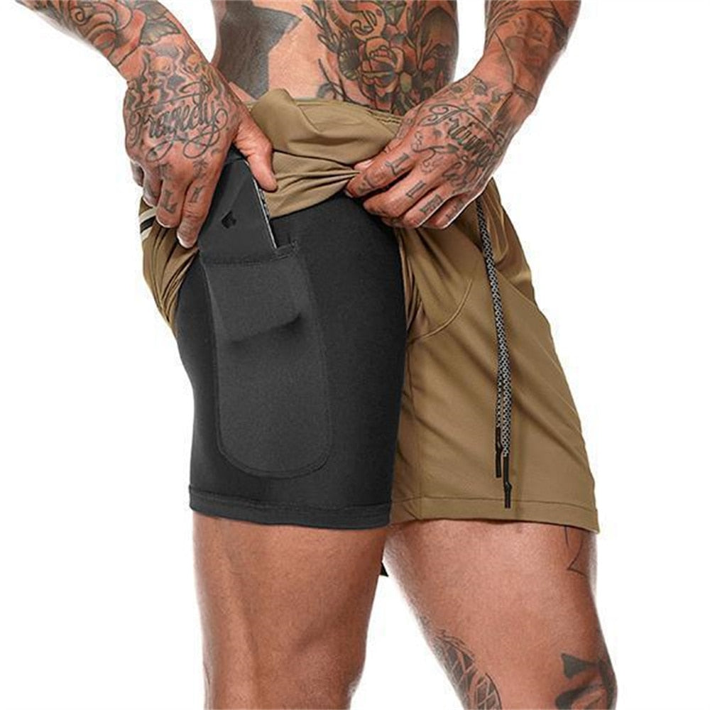 New Men&#39;s Double Layer Solid Shorts Large Size Fitness Training Fast Running Pants