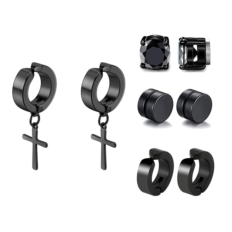 8-Pair Black Earring Set - Stainless Steel, Magnetic, Unisex