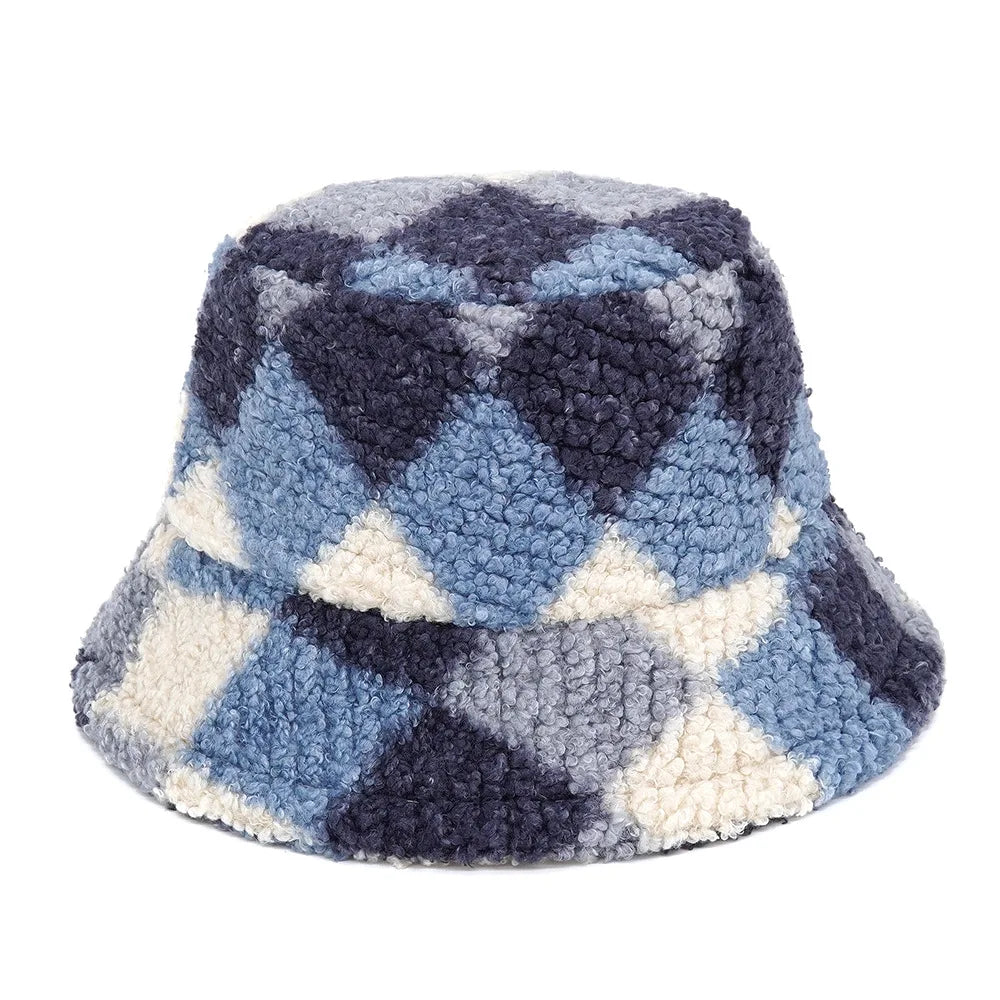 Winter Bucket Hats Women Fashion Print Ladies Warm Panama Hat Wool Soft Velvet Thickened Fur Rabbit Hair Outdoor Fisherman Hat