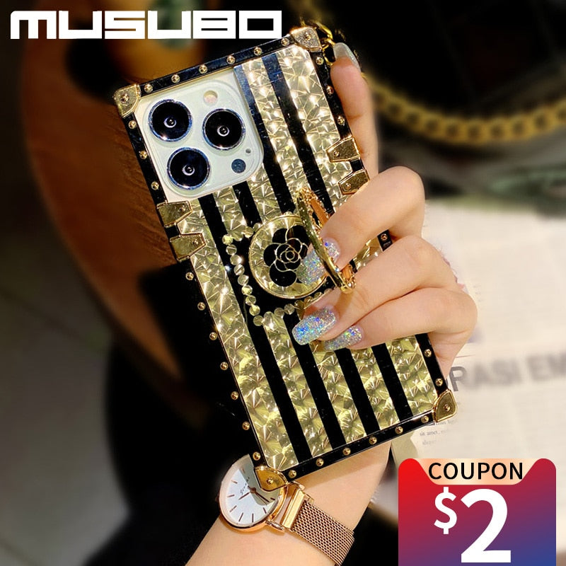 Luxury Silicon Ring Phone Case For iPhone 14 Plus 13 PRO 12 11 Pro Max XS XR SE 3 7 8 Plus Brand Coque Soft Square Cover Fundas