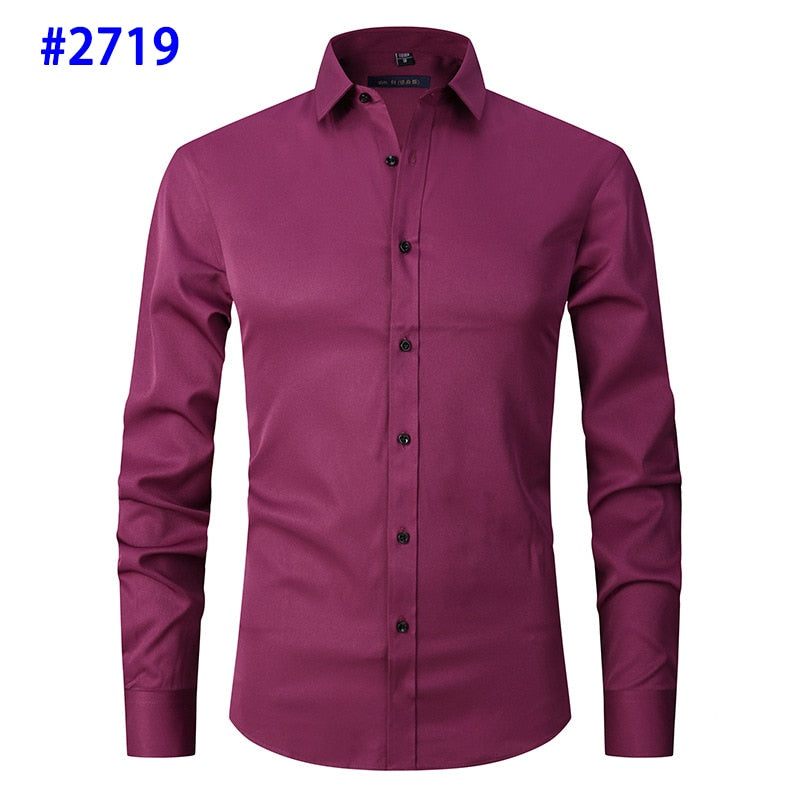 Men&#39;s Dress Shirts Casual Slim Fit Long Sleeve Male Social Shirts Comfortable Non Iron Solid Chemise Homme Blue