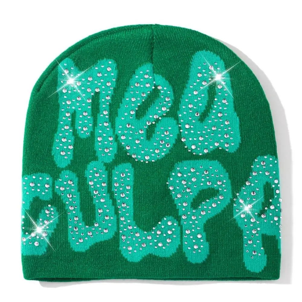 NEW Y2K MEA Culpa Beanies Hat with Rhinestone for Women Men Beanies Hats Hip-hop Soft Stretch Warm Knitted Slouchy Cap