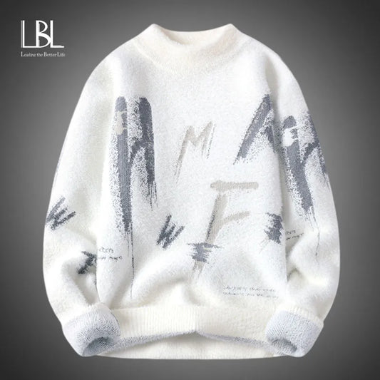 Winter Letter Scrawl Mens Sweater New Harajuku Streetwear Knitted Sweaters Casual O-Neck White Male Pullover Fashion Men Clothes