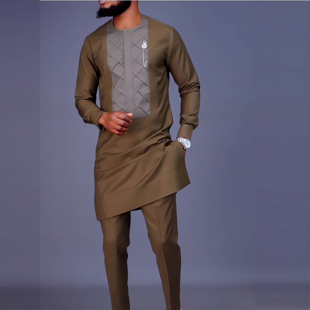 Men's 2-Piece Suit Set - Solid Color Round Neck Embroidery Long Sleeve Top and Trousers, Perfect for Wedding and Ethnic Inspired Style