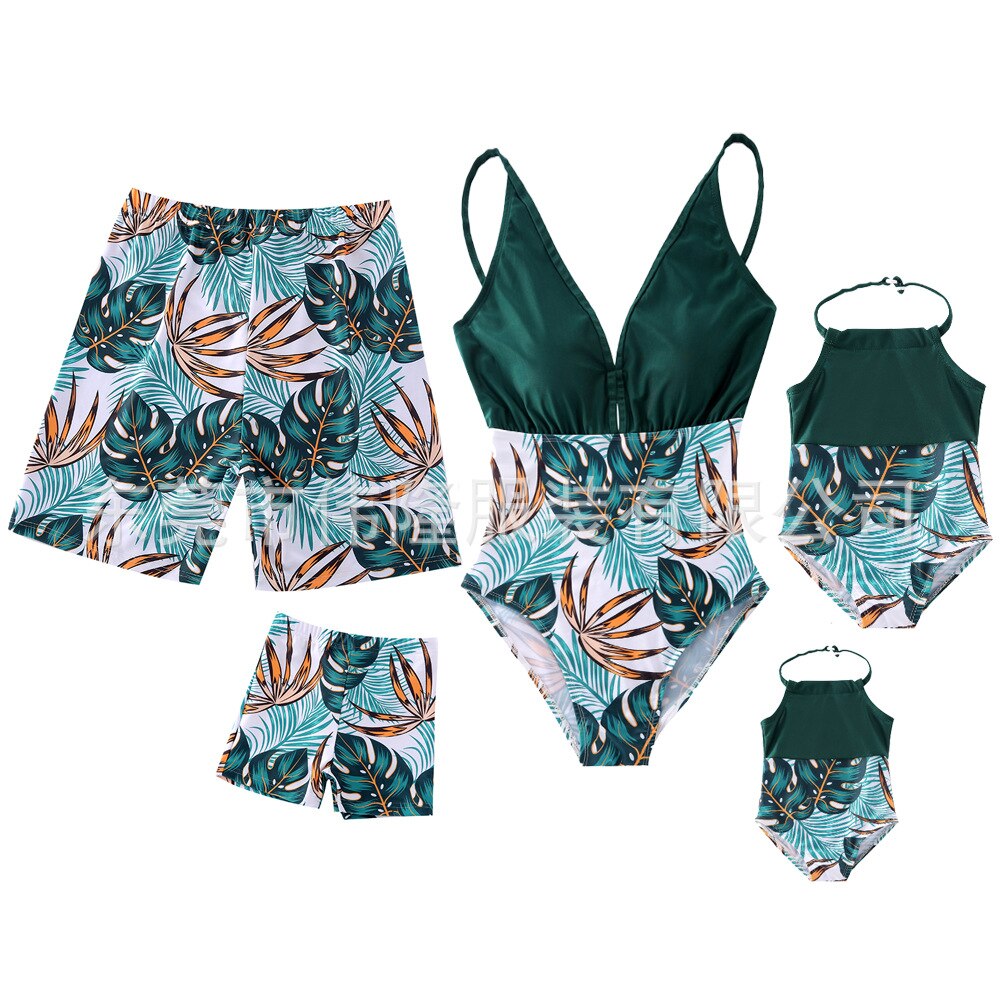 New Backless Style Parent-child Swimsuit Quick Drying Beach Pants Swimsuit Printed Color Blocking Swimsuit