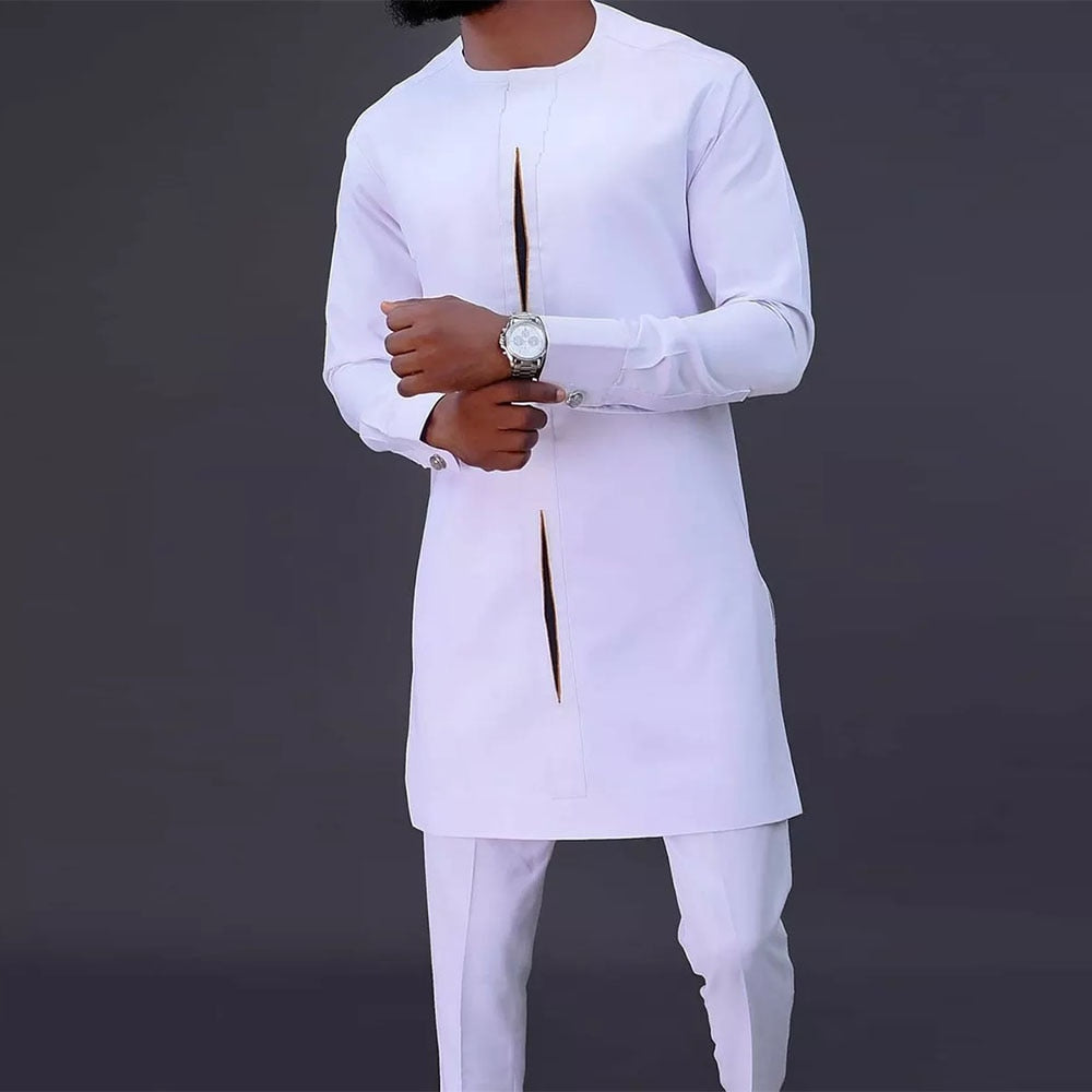 Men's 2-Piece Suit Set - Solid Color Round Neck Embroidery Long Sleeve Top and Trousers, Perfect for Wedding and Ethnic Inspired Style