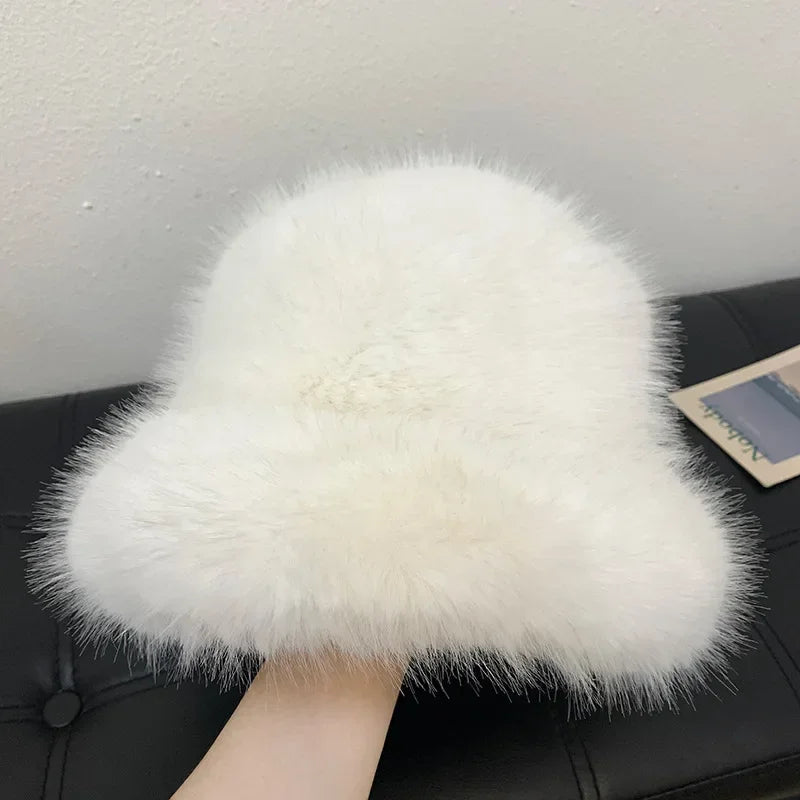 Fluffy Faux Fur Bucket Hats Women Rabbit Fur Warm Thick Plush Winter Hat Lady Fashion Luxury Panama Furry Fisherman Cap Y2k