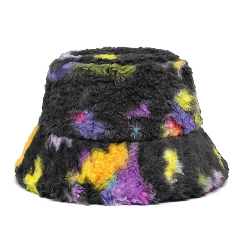 Winter Bucket Hats Women Fashion Print Ladies Warm Panama Hat Wool Soft Velvet Thickened Fur Rabbit Hair Outdoor Fisherman Hat