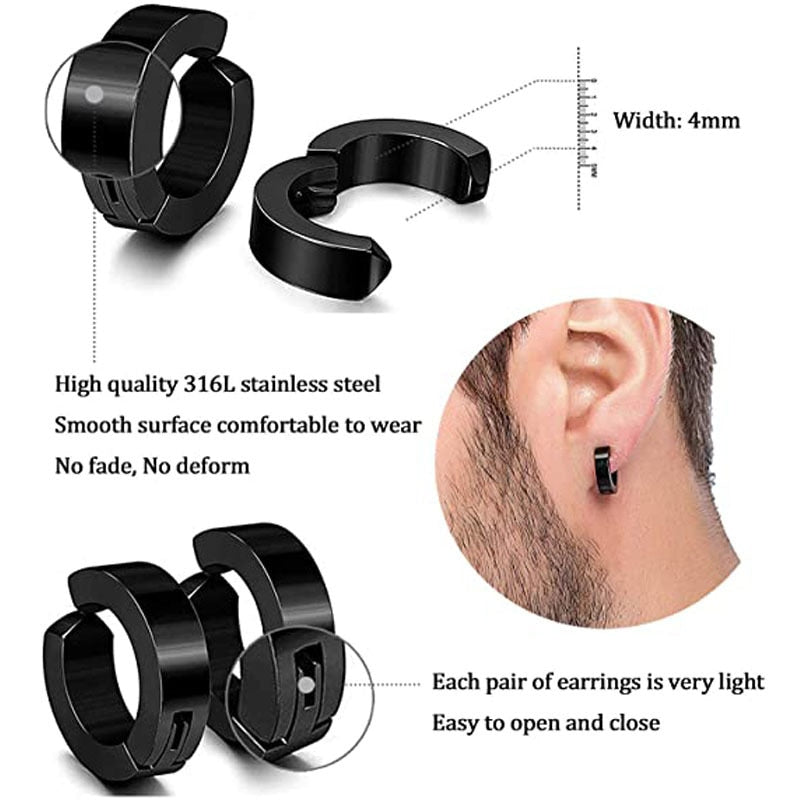 8-Pair Black Earring Set - Stainless Steel, Magnetic, Unisex