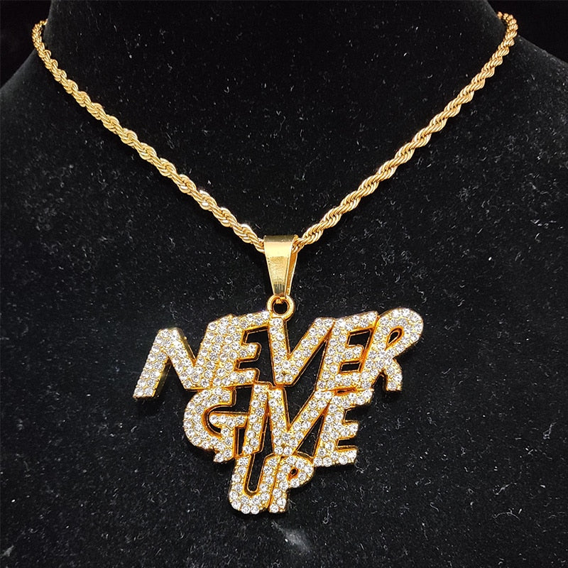 Men Women Hip Hop NEVER GIVE UP Pendant Necklace 13mm Crystal Cuban Chain HipHop Iced Out Bling Necklaces Fashion Charm Jewelry