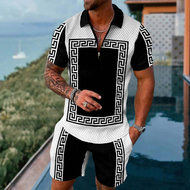 Men&#39;s Tracksuit 2 Piece Set Summer Maple Leaf Print 3D Short Sleeve Zipper Polo T Shirt Shorts Sportswear Casual Man Clothing