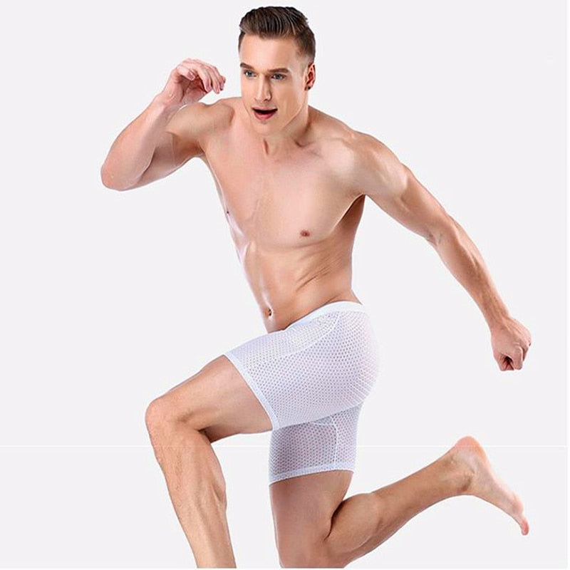 Boxers Briefs Man Ice Silk Shorts Underpants Male Large Size Men&#39;s Mesh Panties Breathable Long Boxer For Men Underwear