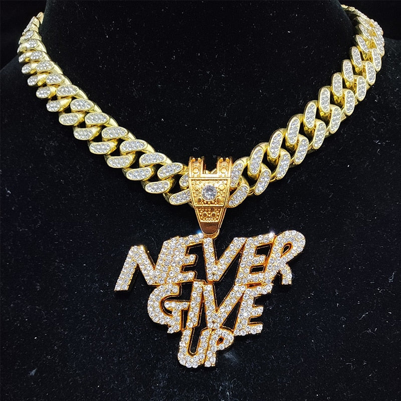 Men Women Hip Hop NEVER GIVE UP Pendant Necklace 13mm Crystal Cuban Chain HipHop Iced Out Bling Necklaces Fashion Charm Jewelry