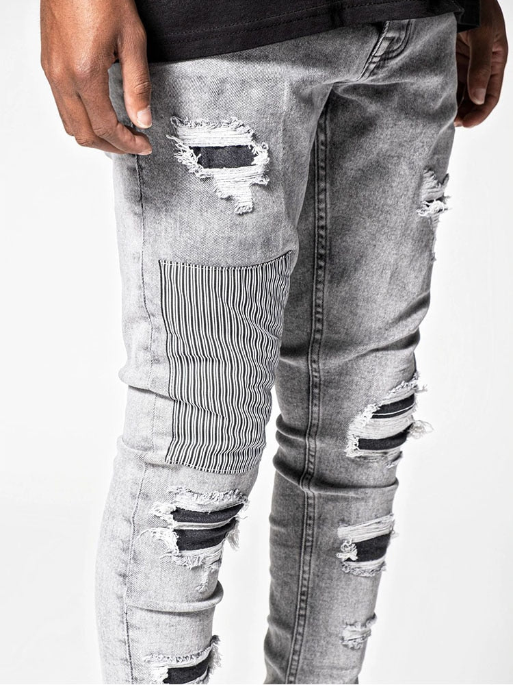 Men&#39;s Skinny Ripped Jeans Streetwear Fashion Beggar Patch Men Pencil Pants Grey/Blue Slim Denim Trousers Casual Jeans for Men