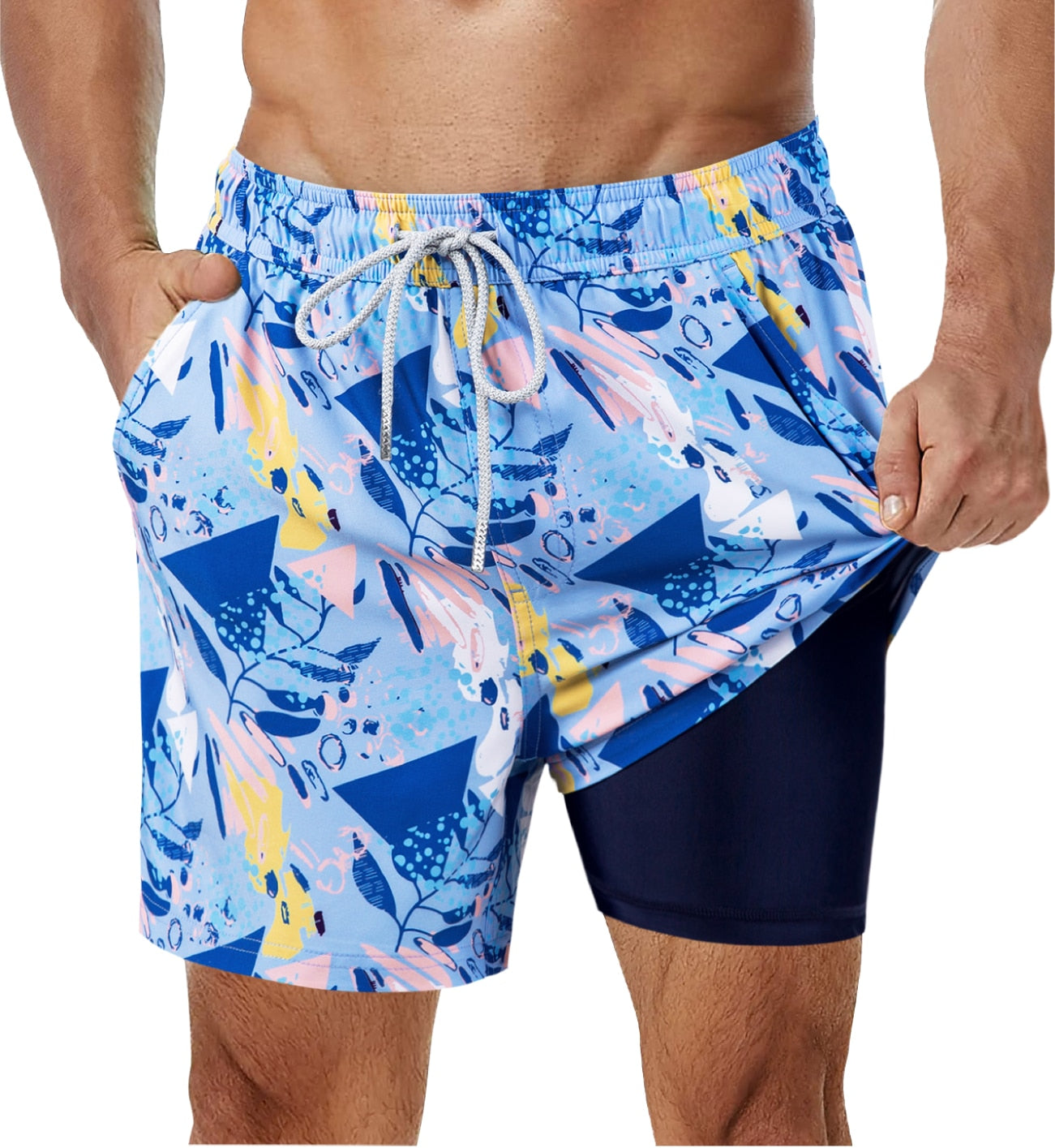 SURFCUZ Mens Swimming Trunks with Compression Liner Stretch Mens Swimwear 2 in 1 Quick Dry Running Gym Swim Shorts for Men