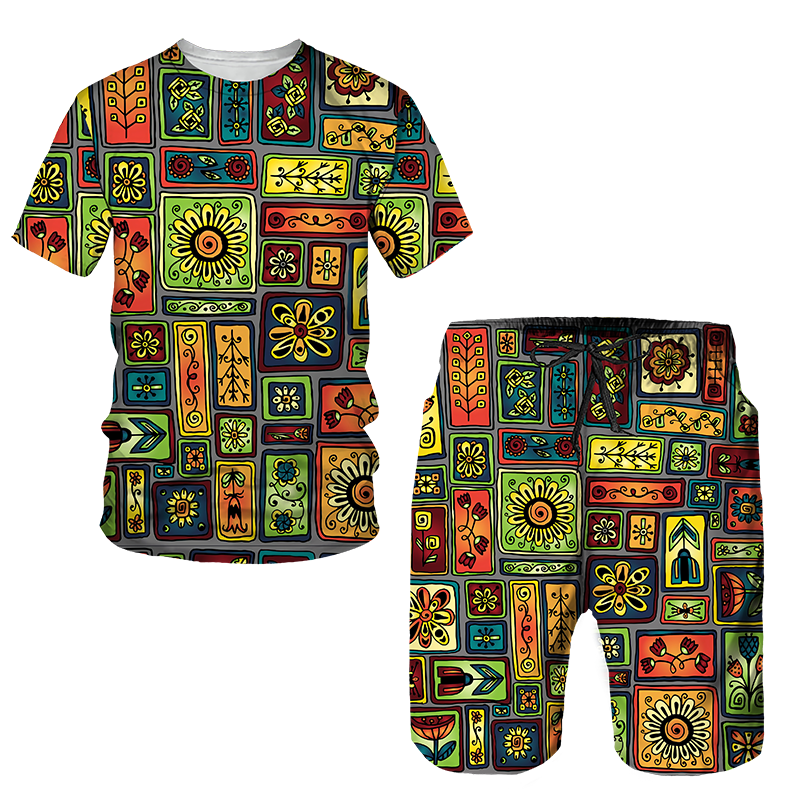 Men&#39;s African Style Summer Tracksuit Ethnic Totem Print T-Shirt Shorts Set Casual Clothing Vintage Oversized Fashion Outfits