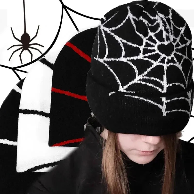 Punk Hip-hop Streetwear Cap Knitted Spider Web Design Hat for Men Women Pullover Pile Cap Y2k Goth Warm Beanie Hats