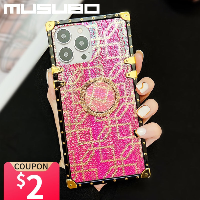 Musubo Luxury Gold Case For iPhone 14 13 Pro 12 Pro Max 11 XR Cover Stand Ring Fundas iPhon XR Xs Max 8 Plus SE Coque Capa Brand