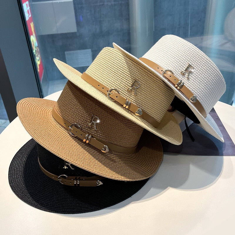 Women's Metal R Letter Buckle Straw Hat - Fashionable Sunscreen Hat for Leisure, Summer, Beach, and Vintage Inspired Style