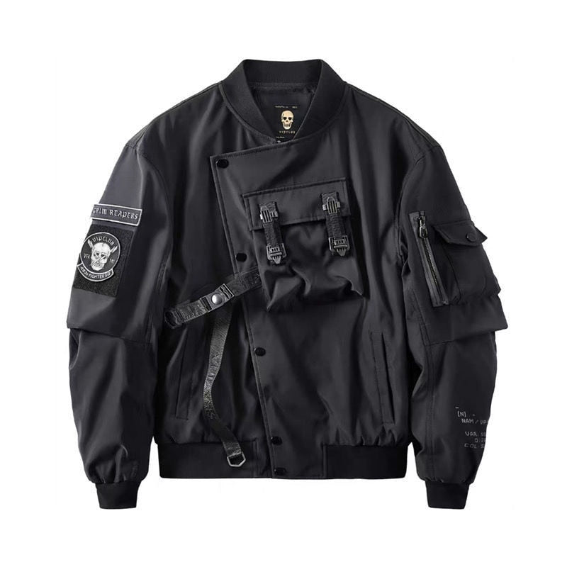 God of Death Bomber Jacket Chest Pocket Techwear Men Punk Hip Hop Tactical Streetwear Black Varsity Jackets Oversized MA1 Coats