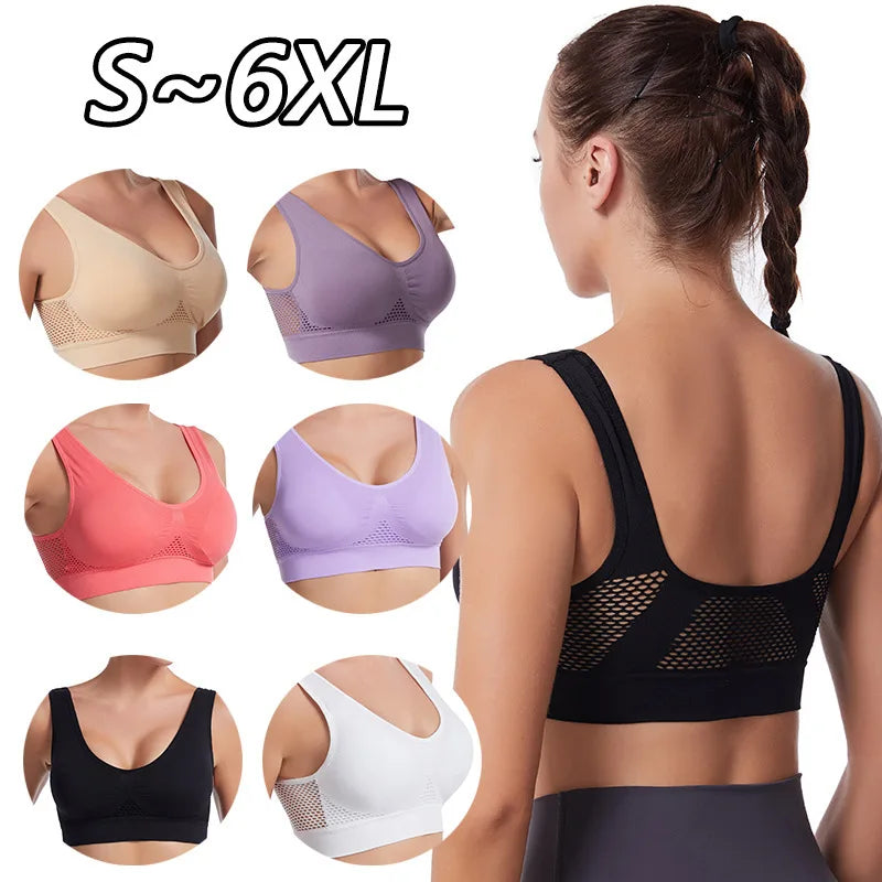 Seamless Mesh Women Sports Bras Fitness Gym Running Underwear Shockproof Bra Wireless 6XL Plus Size Crop Top Breathable Yoga Bra