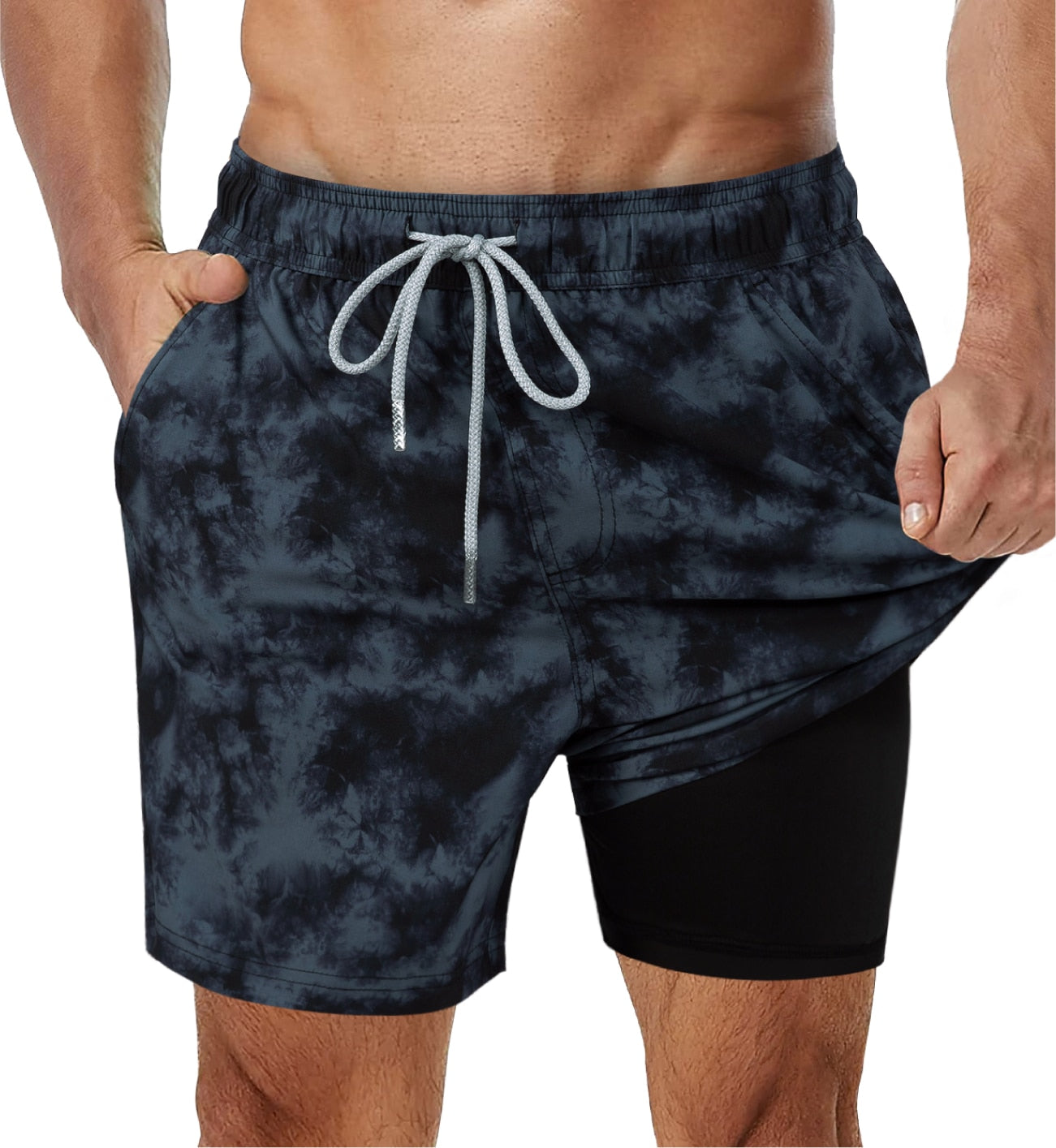 SURFCUZ Mens Swimming Trunks with Compression Liner Stretch Mens Swimwear 2 in 1 Quick Dry Running Gym Swim Shorts for Men