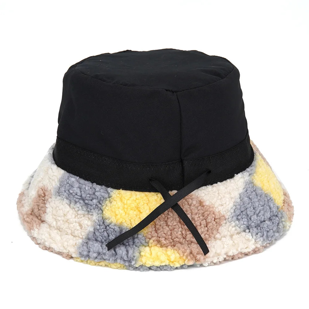 Winter Bucket Hats Women Fashion Print Ladies Warm Panama Hat Wool Soft Velvet Thickened Fur Rabbit Hair Outdoor Fisherman Hat