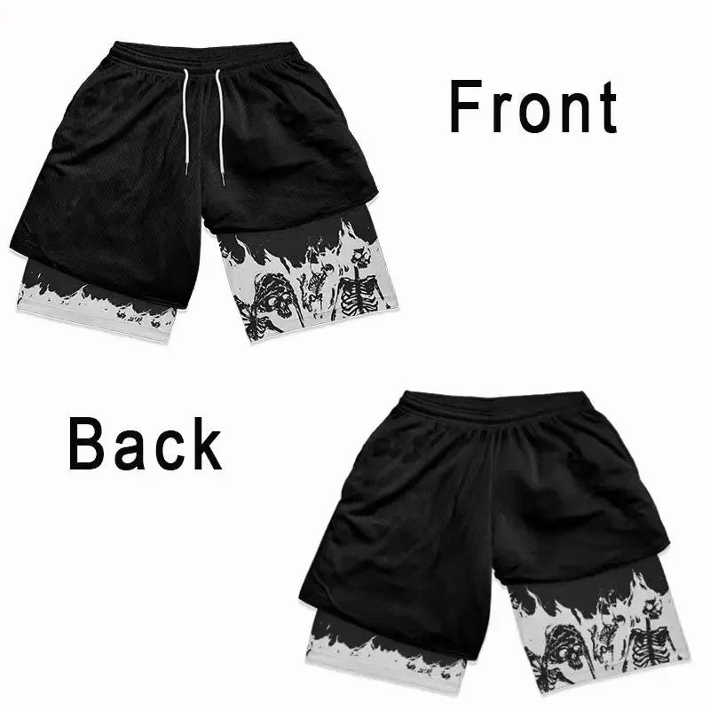 Summer men's double layered shorts men anime high waisted oversized breathable sports  shorts training and fitness sports shorts