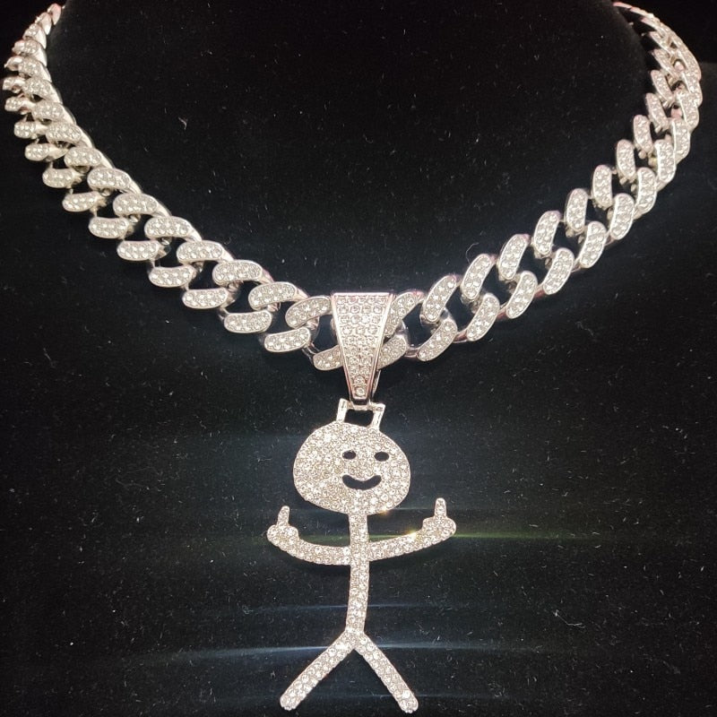 Men Women Hip Hop Stickman Middle Finger Pendant Necklace Fashion HipHop Iced Out Bling Funny Pendants Necklaces Charm Jewelry