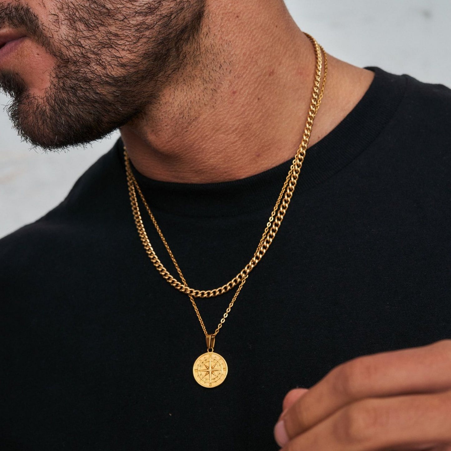 Vnox Layered Necklaces for Men, Sailing Travel Compass Pendant, Stainless Steel Cuban Figaro Wheat Chain, Casual Retro Collar