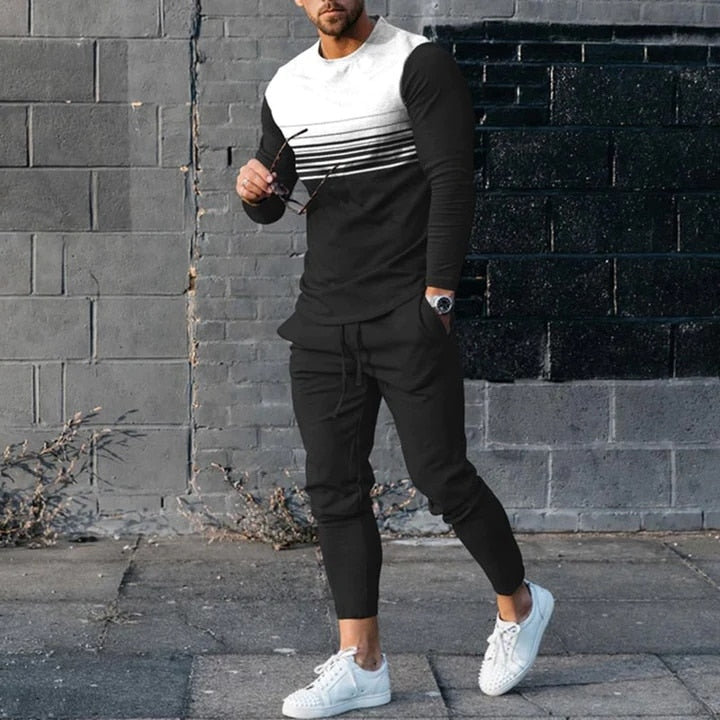 Men&#39;s Long Sleeve T-shirts and Pants Two Piece Blue Red Geometry  3D Printed Men&#39;s Sets Casual Suit nike tech fleece