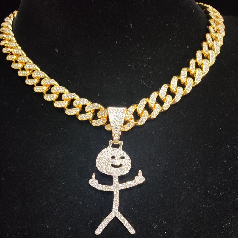 Men Women Hip Hop Stickman Middle Finger Pendant Necklace Fashion HipHop Iced Out Bling Funny Pendants Necklaces Charm Jewelry