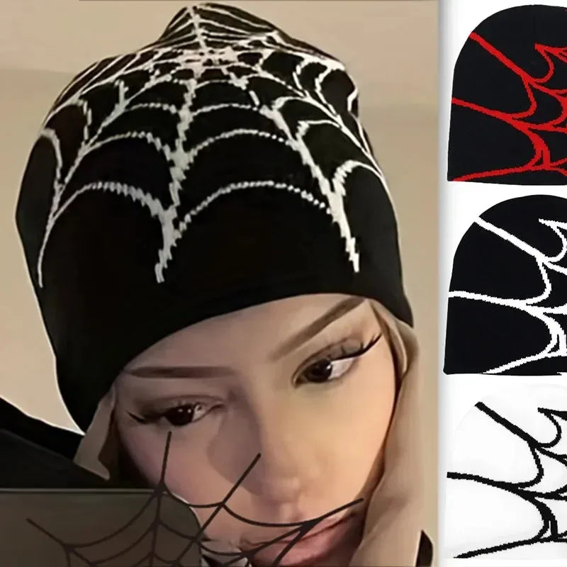 Punk Hip-hop Streetwear Cap Knitted Spider Web Design Hat for Men Women Pullover Pile Cap Y2k Goth Warm Beanie Hats