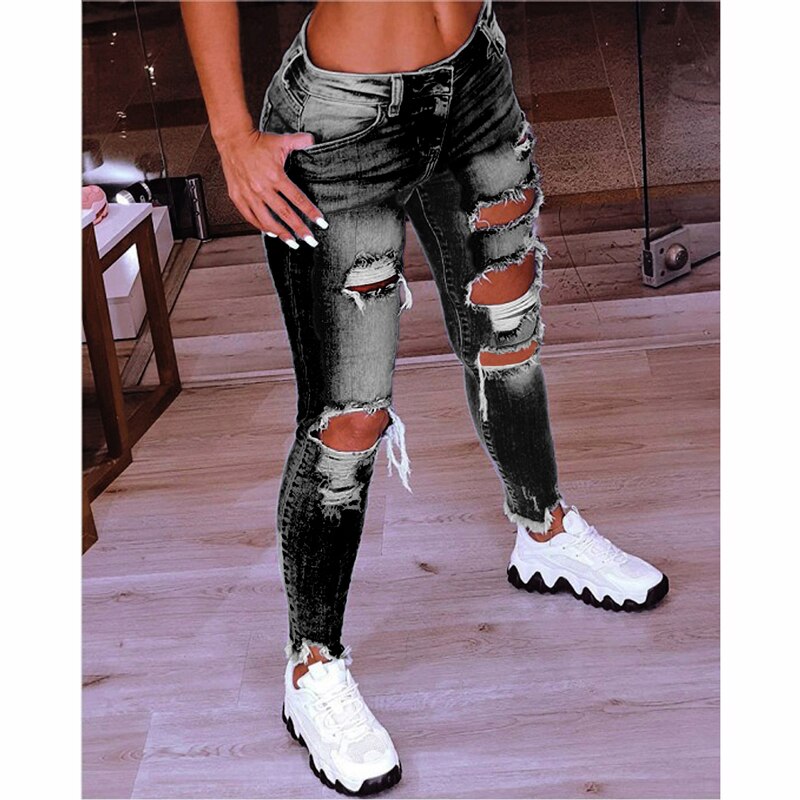 Spring New Women&#39;s Low Waist Ripped Jeans Fashion Slim Hip Lift Elastic Ankle-Length Denim Pencil Pants Plus Size Jeans 5XL