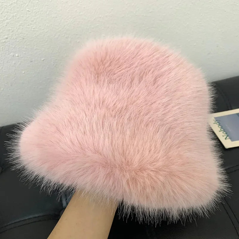 Fluffy Faux Fur Bucket Hats Women Rabbit Fur Warm Thick Plush Winter Hat Lady Fashion Luxury Panama Furry Fisherman Cap Y2k