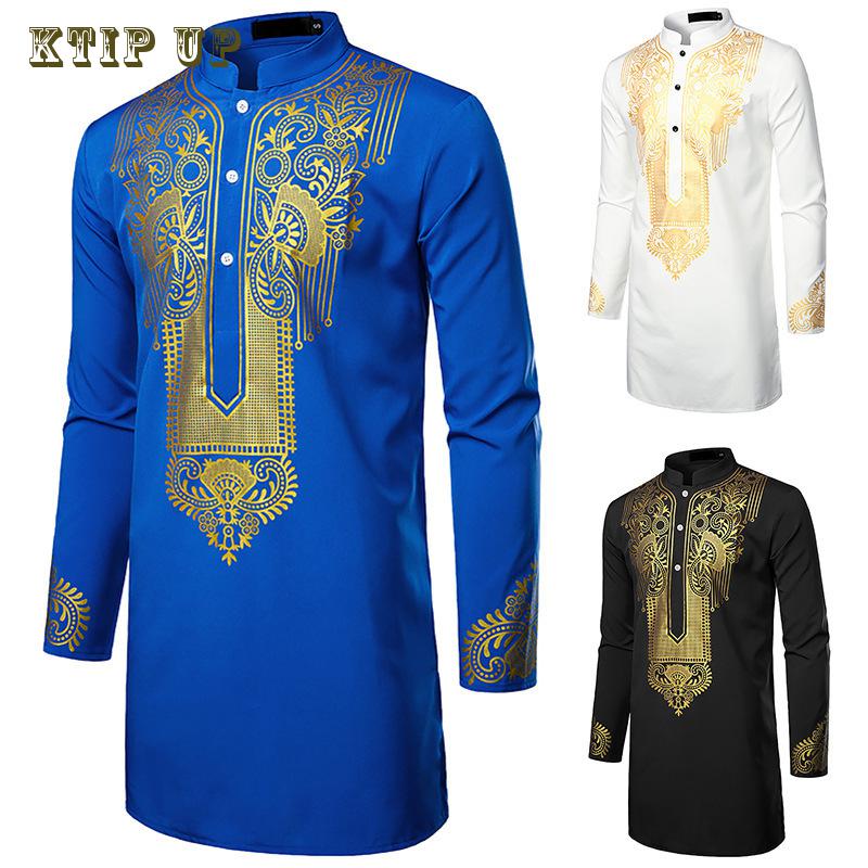 Luxury Casual Islamic Arabic Abaya Robe Fashion Ethnic Print Stand Collar Youth Mid-length Shirt Coat 2023 Muslim Men Clothing