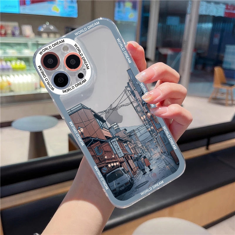 Japanese Anime Hand Painted House scenery Clear Phone Case For iPhone 13 14 12 11 Pro Max X XR XS 7 8Plus SE2 Transparent Cover