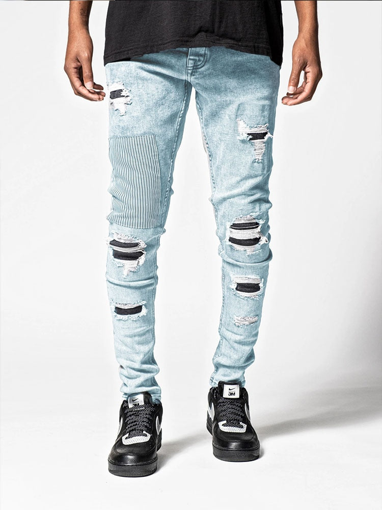 Men&#39;s Skinny Ripped Jeans Streetwear Fashion Beggar Patch Men Pencil Pants Grey/Blue Slim Denim Trousers Casual Jeans for Men