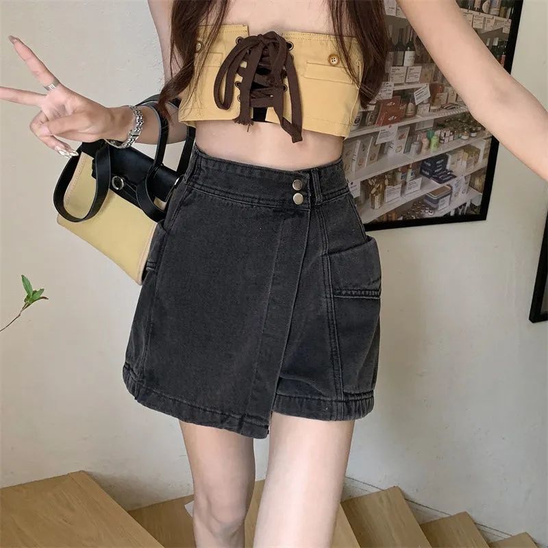 Denim Shorts Women Vintage Hotsweet Simple High Waist Distressed Asymmetrical Streetwear Korean Style Summer Female All-match