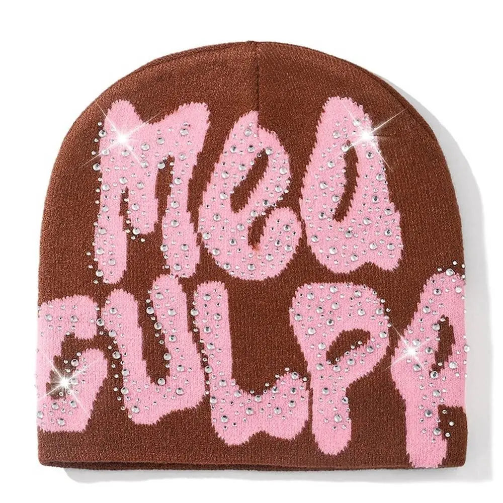 NEW Y2K MEA Culpa Beanies Hat with Rhinestone for Women Men Beanies Hats Hip-hop Soft Stretch Warm Knitted Slouchy Cap