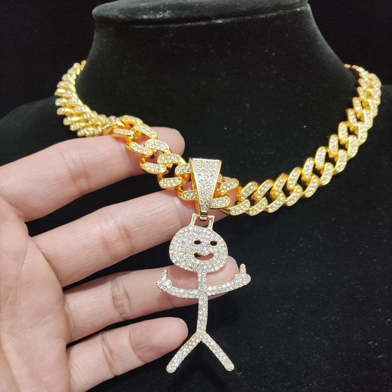 Men Women Hip Hop Stickman Middle Finger Pendant Necklace Fashion HipHop Iced Out Bling Funny Pendants Necklaces Charm Jewelry