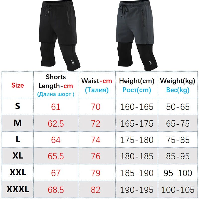 Men Sport 2 In 1 Cropped Pants Compression Running Pants Zipper Pocket Quick Dry Training Fake Two-piece Tight Leggings Pants